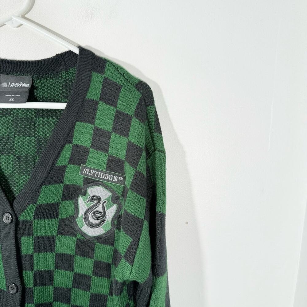 Warner Bros Harry Potter Slytherin Green Black Checkered Sweater Cardigan XS - Picture 5 of 12